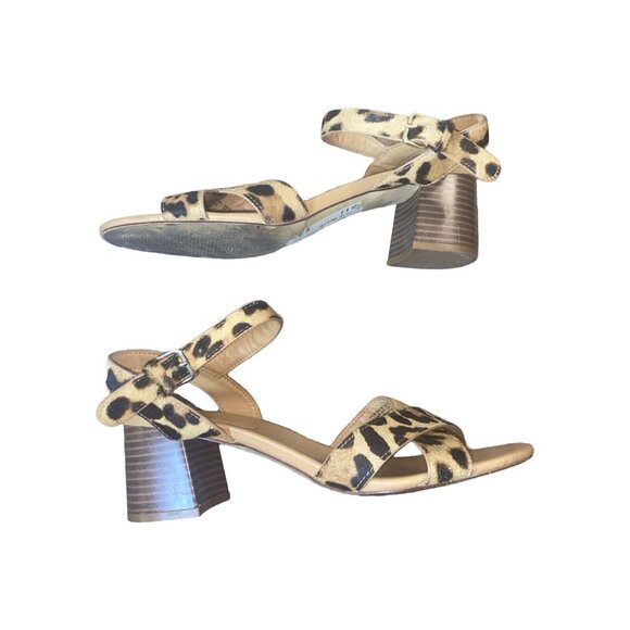 J.Crew Leopard Print Calf Hair Ankle Strap Low Block-Heel Sandals Size 8.5 - Picture 5 of 10